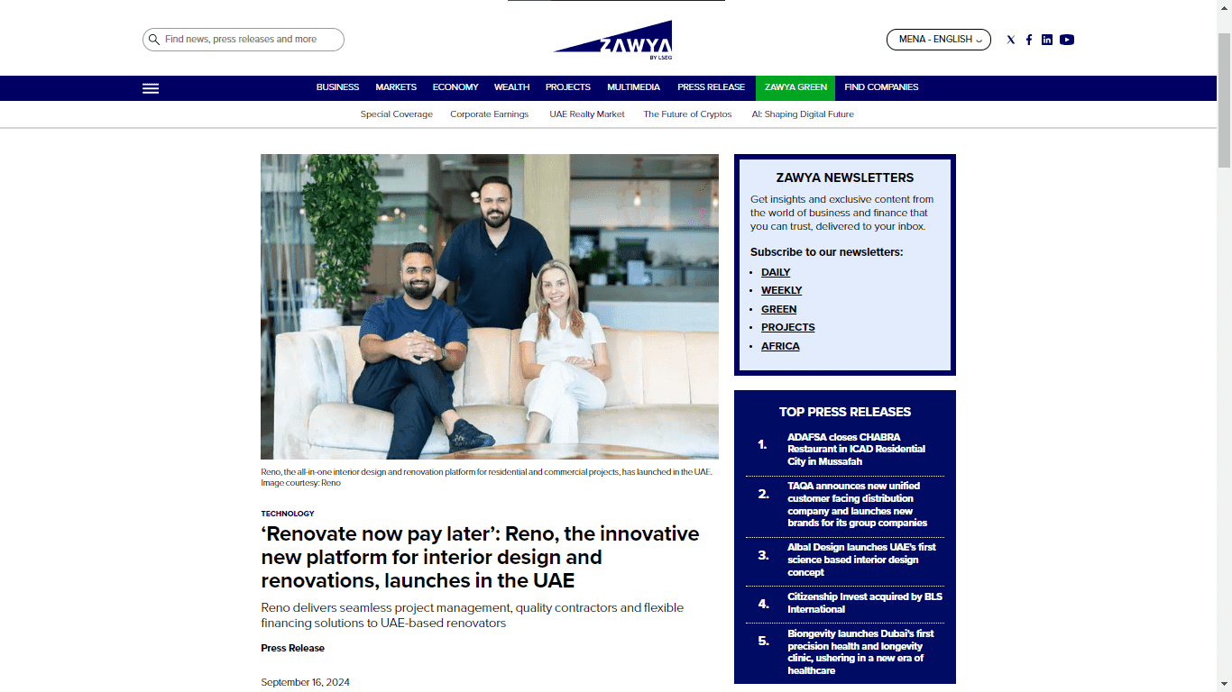 ‘Renovate now pay later’: Reno, the innovative new platform for interior design and renovations, launches in the UAE